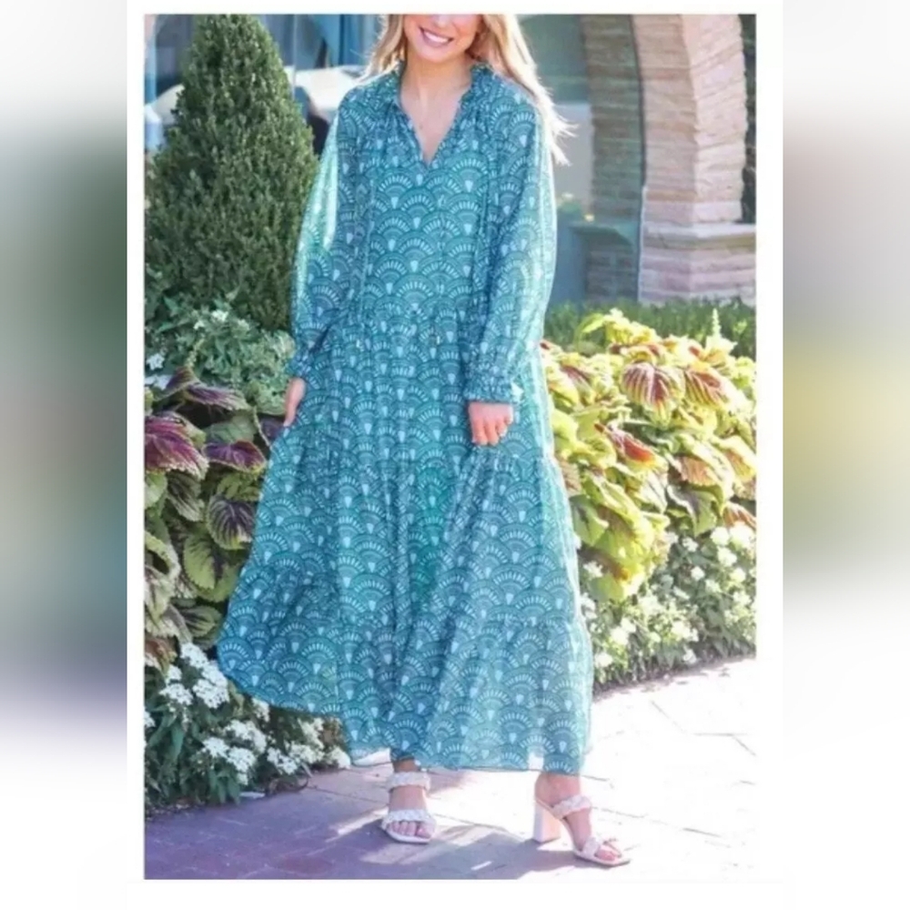 J Marie Norah tiered blue green maxi M dress